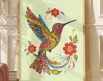Floral Hummingbird Poster, Colorful Bird Wall Art, Mandala Botanical Print