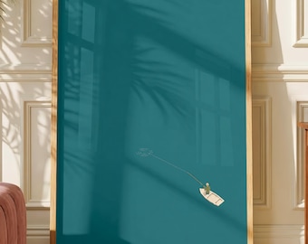 Angler on the Lake Poster, Serene Minimalist Wall Art, Teal Lake Print
