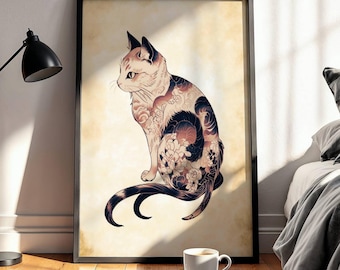 Japanese Tattoo Cat Poster, Gothic Yokai Wall Art for Dark Academia Room Decor