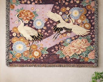 Japanese Crane Blanket, Japanese Floral Throw Blanket, Sakura Crane Tapestry, Asian Wall Decor, Japanese Art Woven Blanket, Oriental Decor