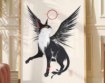 Winged Cat Poster, Tuxedo Cat Fantasy Wall Art, Japanese Ink Style