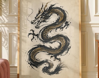 Japanese Ink Dragon Poster, Sumi-e Brushstroke Wall Art, Flowing Brush Art Print