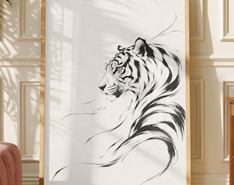 Japanese Sumi-e Tiger Wall Art, Minimalist Ink Painting Print