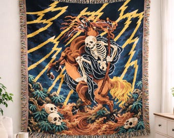 Grim Reaper Woven Blanket, Gothic Horse Rider Throw, Dark Fantasy Skull Tapestry, Halloween Decor, Occult Home Accent