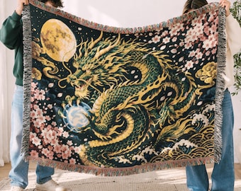 Japanese Dragon Blanket, Sakura Moon Woven Throw with Asian Dragon Design, Dark Fantasy Home Decor, Unique Gift for Dragon Lovers