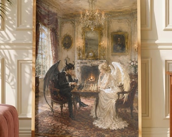 Angel and Devil Playing Chess Poster, Painterly Classical Illustration