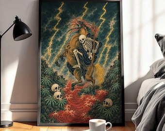 Japanese Grim Reaper Poster, Shinigami Wall Art, Ukiyo-e Horror Print, Gothic Skeleton Artwork, Dark Fantasy Decor, Japanese Yokai Poster