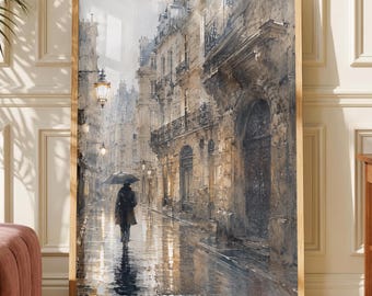 Rainy Paris Street Poster, Watercolor Cityscape Wall Art, Romantic French Decor