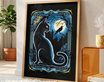 Black Cat Poster, Gothic Wall Art with Moon and Raven, Witchy Dark Aesthetic Decor, Halloween Cat Print, Dark Academia Home Decor