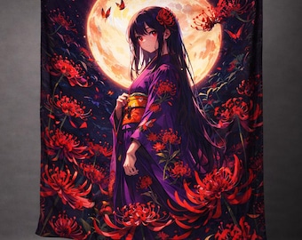 Moonlit Red Spider Lily Anime Girl Plush Blanket, Japanese Kimono Manga Throw, Dark Moon Otaku Bedroom Decor, Soft Velveteen Throw Gift