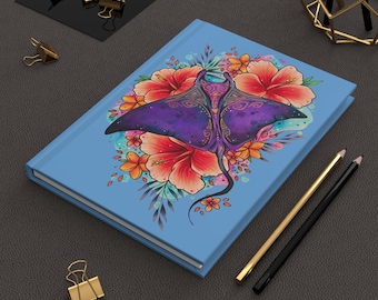 Floral Manta Ray Journal, Hardcover Ocean Notebook, Mermaidcore Stationery Gift, Boho Marine Life Writing Book, Fantasy Sea Art Sketchbook