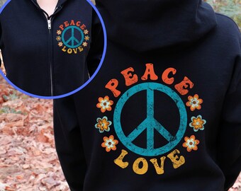 Felpa con zip e simbolo della pace in stile retrò, grafica Pace e Amore, stile hippie, flower power, moda groovy