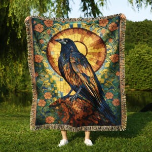 Gothic Raven Woven Blanket, Stained Glass Crow Tapestry Throw, Dark Academia Decor, Witchy Home Art, Celestial Gothic