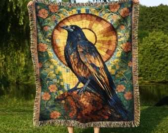 Raven Woven Blanket, Gothic Stained Glass Raven Design with Dark Academia Floral Pattern, Witchy Home Decor, Unique Gift for Gothic Lovers
