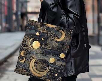 Borsa tote con motivo lunare celeste e stelle, regalo mistico