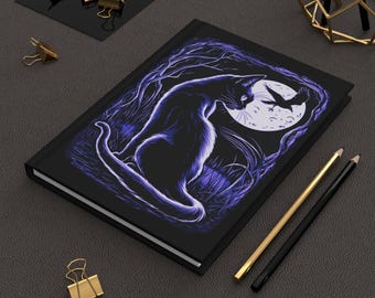 Moonlit Black Cat Hardcover Journal, Gothic Witchy Notebook with Celestial Cat Art