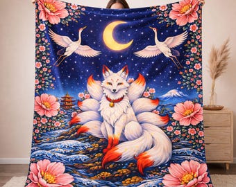 Nine Tailed Fox Blanket, Kitsune Fox Throw, Japanese Mythology Yokai Design, Celestial Spirit Animal, Witchcore Enchanted Plush Decor