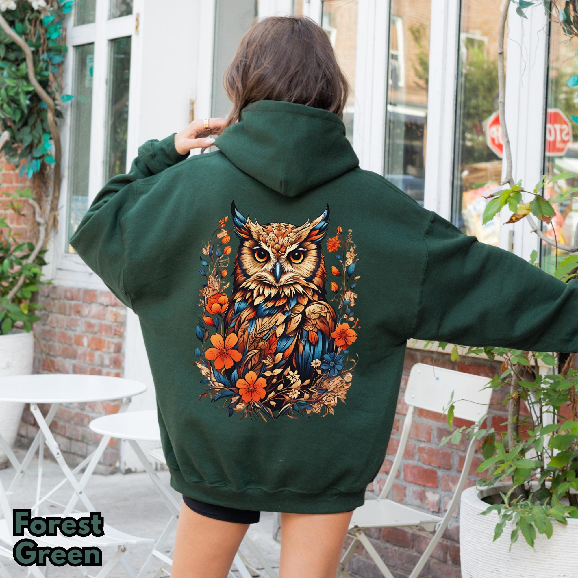 Floral Owl Hoodie, Woodland Owl Art, Boho Bird Design, Nature Inspired Graphic, Cottagecore Style