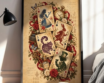 Alice in Wonderland Playing Card Wall Art, Vintage Storybook Poster