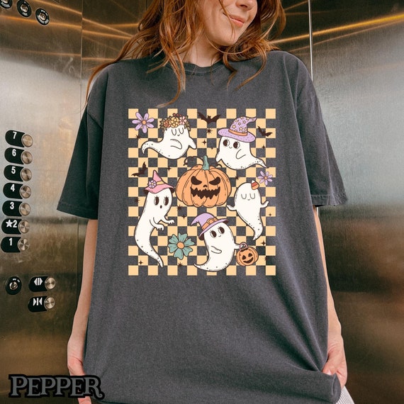 Pastel Halloween Shirt, Cute Ghost T-Shirt, Kawaii Halloween Tee, Witchy Pumpkin Shirt, Checkerboard Retro Halloween Tee
