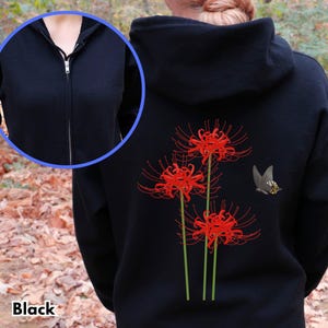 Red Spider Lily Zip Hoodie, Japanese Flower Hoodie, Gothic Floral Sweatshirt, Witchy Higanbana Hoodie, Dark Anime Aesthetic