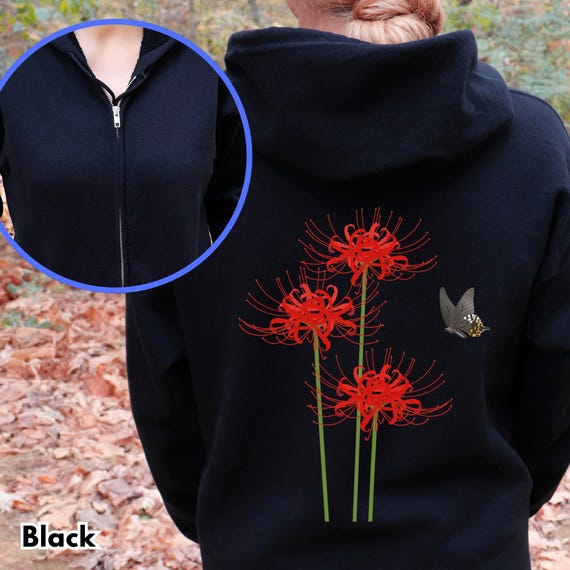 Red Spider Lily Zip Hoodie, Japanese Flower Hoodie, Gothic Floral