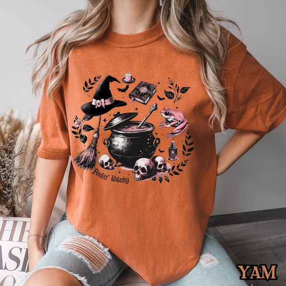 Mystical Witchy T-Shirt, Enchanting Cauldron and Skulls Design, Witch Hat and Magic Frog, Vintage Halloween Tee, Spooky Witchcraft Style