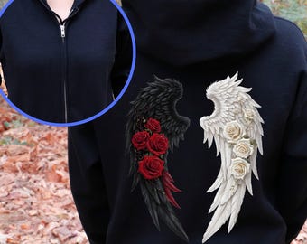 Angel Wings Zip Up Hoodie, Gothic Rose Full Zip Sweatshirt, Black White Wing Hoodie, Fallen Angel Jacket, Grunge Emo Punk Hoodie