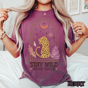 Stay Wild Moon Child Leopard Boho Celestial Tee, Comfort Colors Shirt Berry