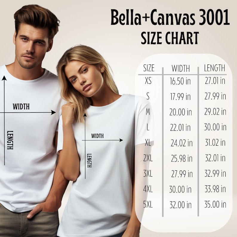 Pu&ograve; includere: Tabella delle taglie per le t-shirt Bella+Canvas 3001, che mostra le misure di larghezza e lunghezza in pollici per le taglie XS a 5XL.