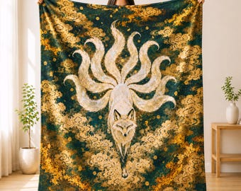 Nine Tailed Fox Blanket, Japanese Kitsune Throw, Fantasy Decor, Yokai Art