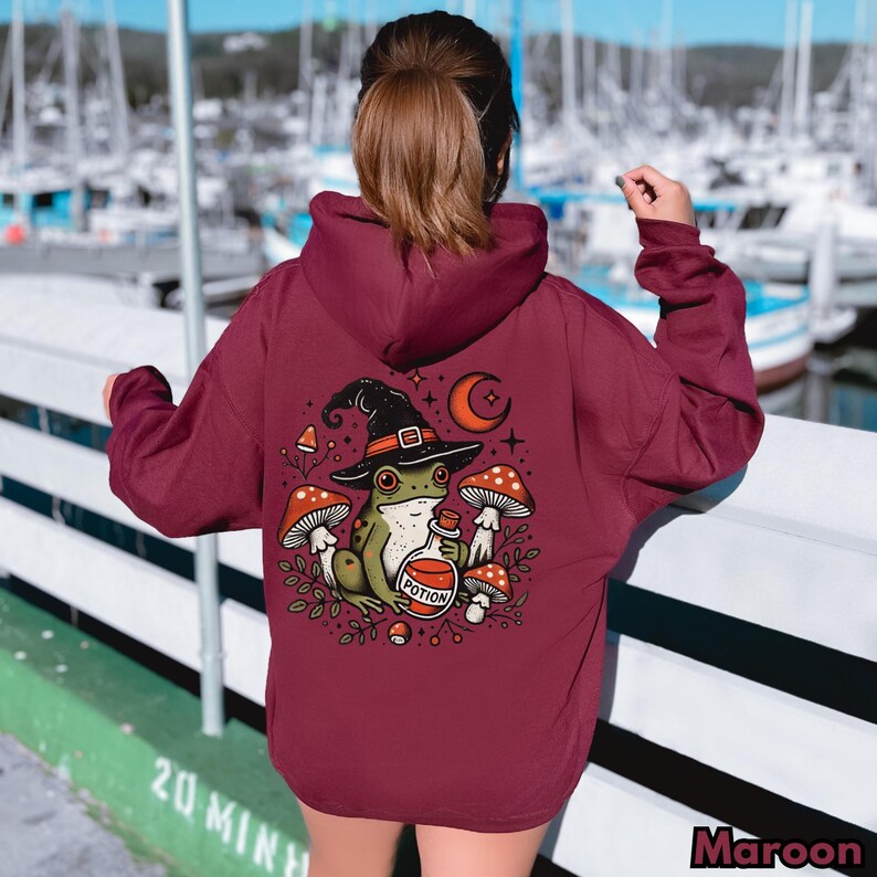 Witch Frog Hoodie, Cottagecore Mushroom Frog Graphic Sweatshirt, Fairycore Forest Art Maroon