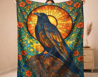 Gothic Raven Blanket, Stained Glass Crow Throw, Dark Academia Decor, Witchy Home Accent, Celestial Gothic Art, Gift