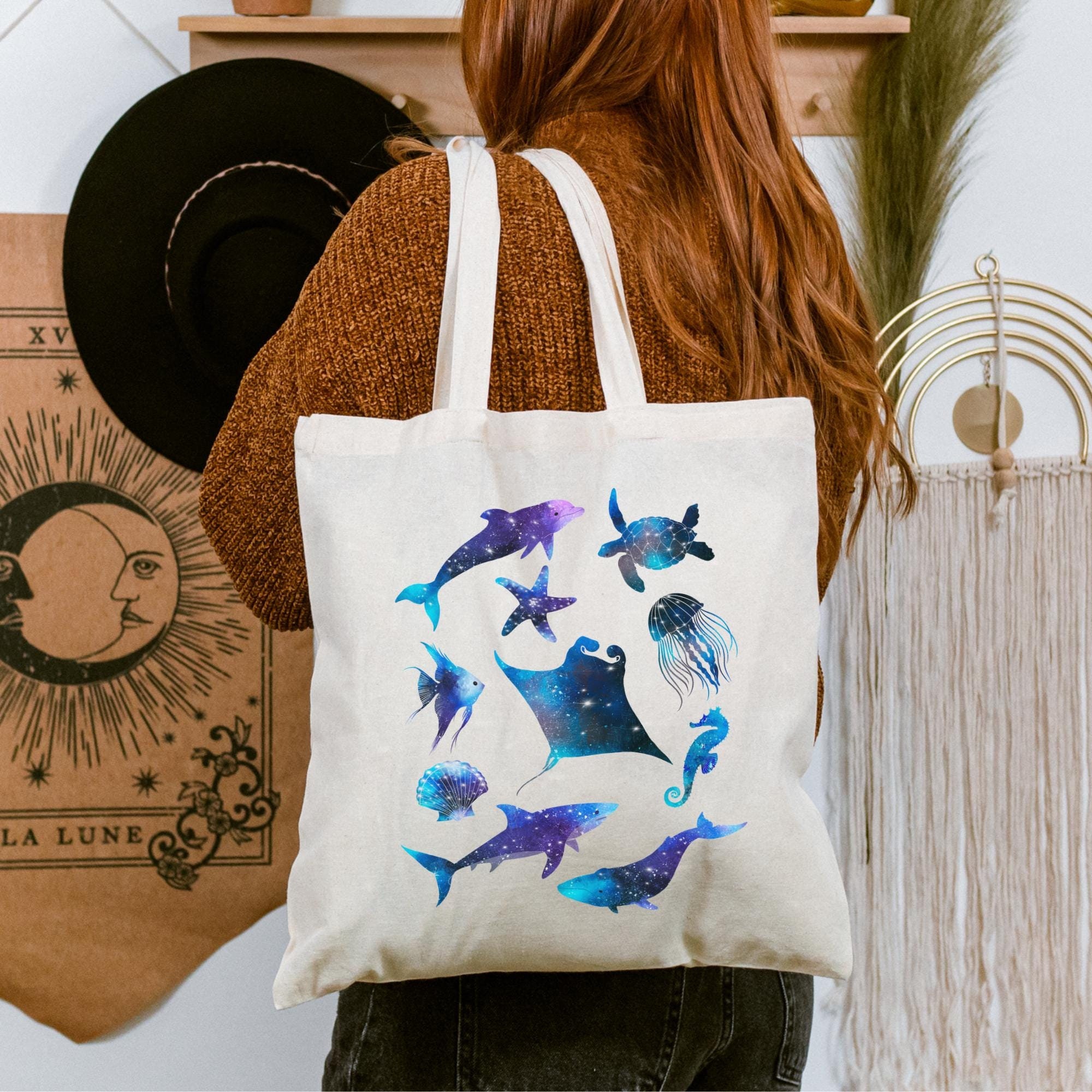 Galaxy Ocean Animals Tote Bag With Celestial Sea Life Art, Marine