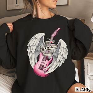 Rock and Roll Sweatshirt, Pink Guitar Shirt, Angel Wings Graphic Sweatshirt, Vintage Rock Shirt, Music Lover Gift, Grunge Style Top