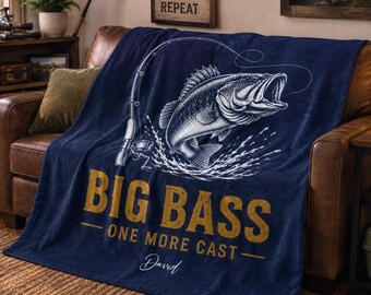 Personalized Largemouth Bass Fishing Blanket, Custom Name Fisherman Gift, Angler Plush Throw