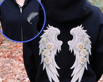 Angel Wings Zip Hoodie, White Rose Angel Art, Celestial Wing Jacket, Ethereal Gothic, Angelcore Fashion