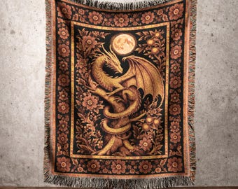 Dragon Woven Blanket, Medieval Moon Dragon Design with Floral Botanical Pattern, Fantasy Cottagecore Decor, Celestial Gift for Home Lovers