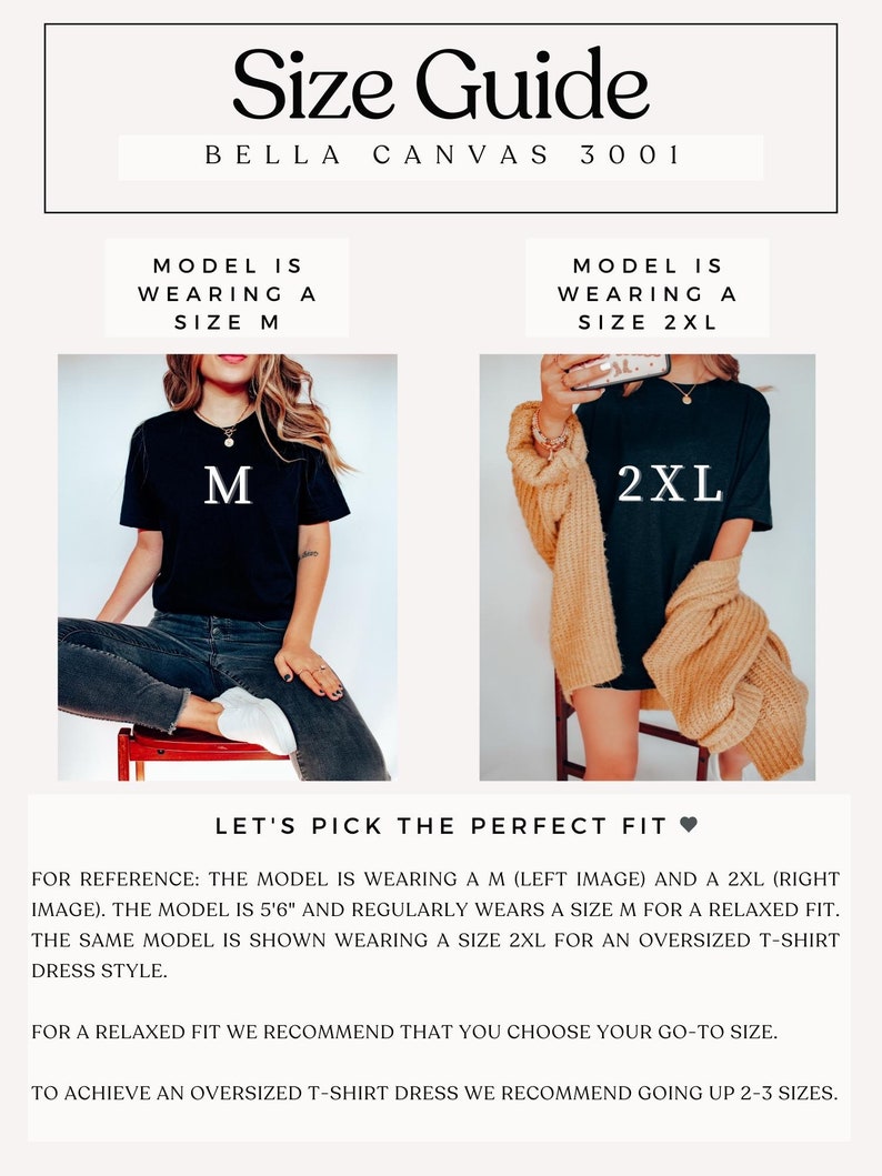 Pu&ograve; includere: Guida alle taglie per le t-shirt Bella Canvas 3001. La modella indossa una t-shirt taglia M e una t-shirt taglia 2XL. La modella &egrave; alta 1,68 m e consiglia di scegliere la tua taglia abituale per una vestibilit&agrave; rilassata o di aumentare di 2-3 taglie per una vestibilit&agrave; oversize.