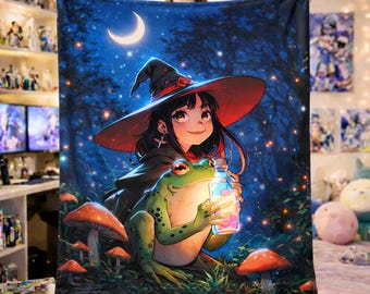 Anime Witch Blanket, Cute Witch Girl Frog Blanket, Cottagecore Frog Throw Blanket, Witchy Aesthetic Plush Blanket, Fantasy Forest Moon Decor