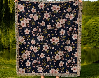 Cherry Blossom Woven Blanket, Japanese Botanical Throw, Floral Blanket, Cottagecore Home Decor