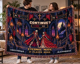 Personalized Gaming Couple Woven Blanket, Gothic Pixel Art Throw, Custom Name Anniversary Gift