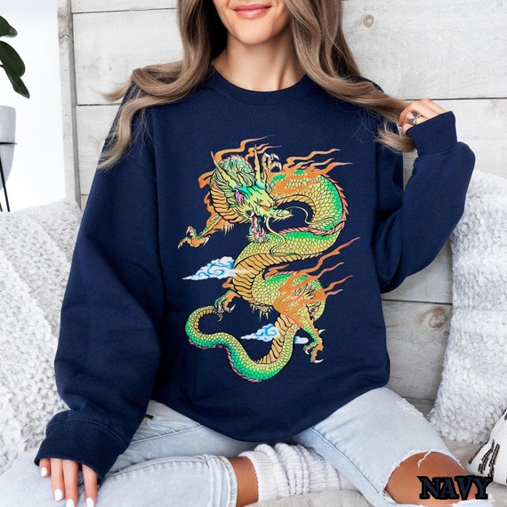 Japanese Dragon Sweatshirt, Tattoo Style Dragon Shirt, Asian Streetwear Graphic, Vintage Flame Dragon Pullover, Bold Ink Art Top