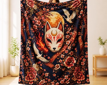 Kitsune Mask Blanket, Japanese Fox Spirit Throw with Sakura and Crane, Gothic Plush Blanket, Dark Academia Japanese Decor