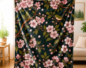 Cherry Blossom Plush Blanket, Japanese Botanical Throw, Sakura Floral Blanket, Cozy Cottagecore Decor