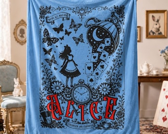 Alice Inspired Blanket, Storybook Fantasy Throw, Whimsical Gothic Decor, Book Lover Gift, Cozy Literary Home