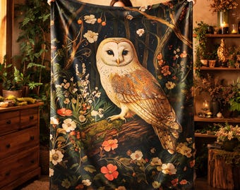 Mystical Owl Plush Blanket, Enchanted Forest Velveteen Throw, Cottagecore Woodland Blanket, Witchy Home Decor, Soft Cozy Throw