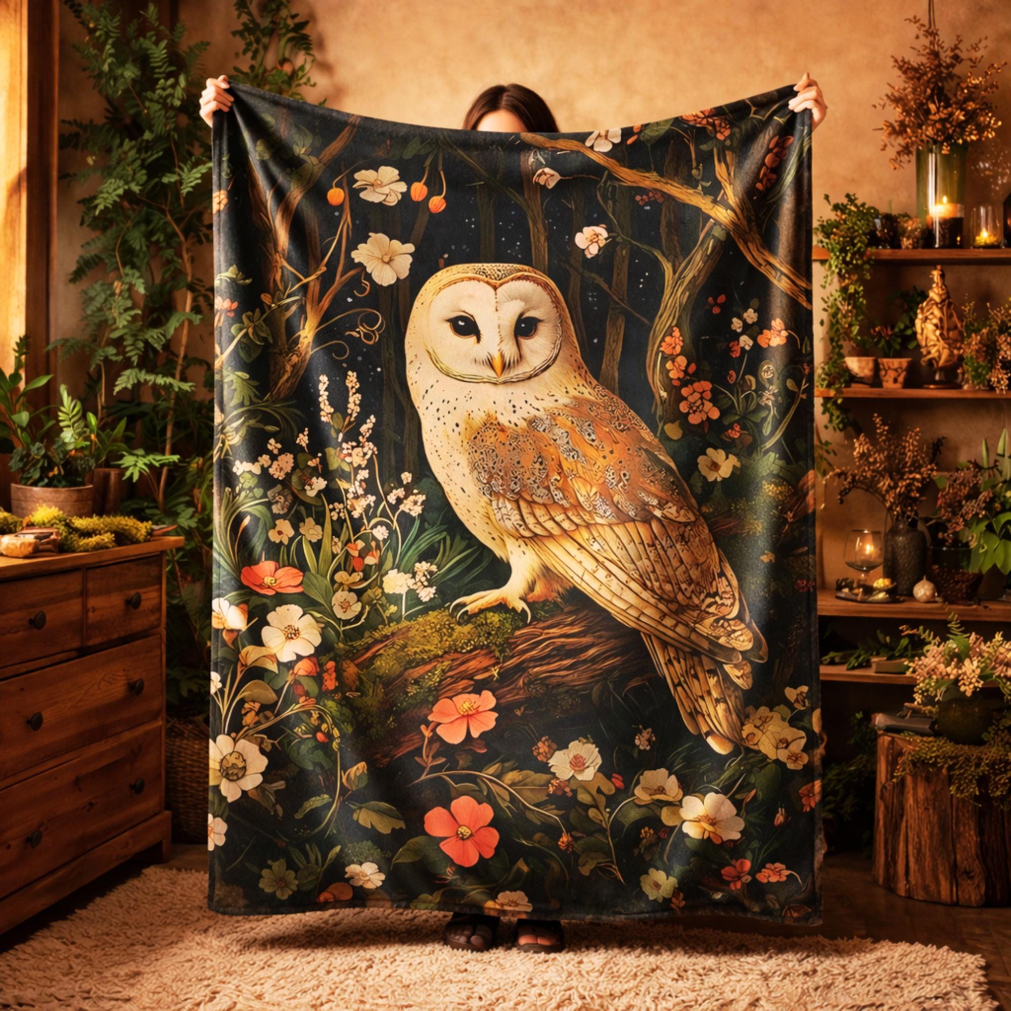 Mystical Owl Enchanted Forest Velveteen Throw Blanket, Cottagecore Woodland Decor