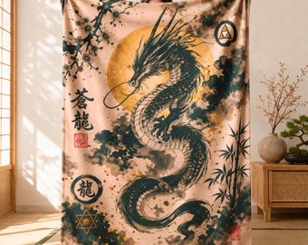 Japanese Dragon Blanket Plush Throw, Asian Ink Art Dragon Decor, Soft Velveteen Blanket, Zen Spiritual Home Decor, Unique Gift Idea