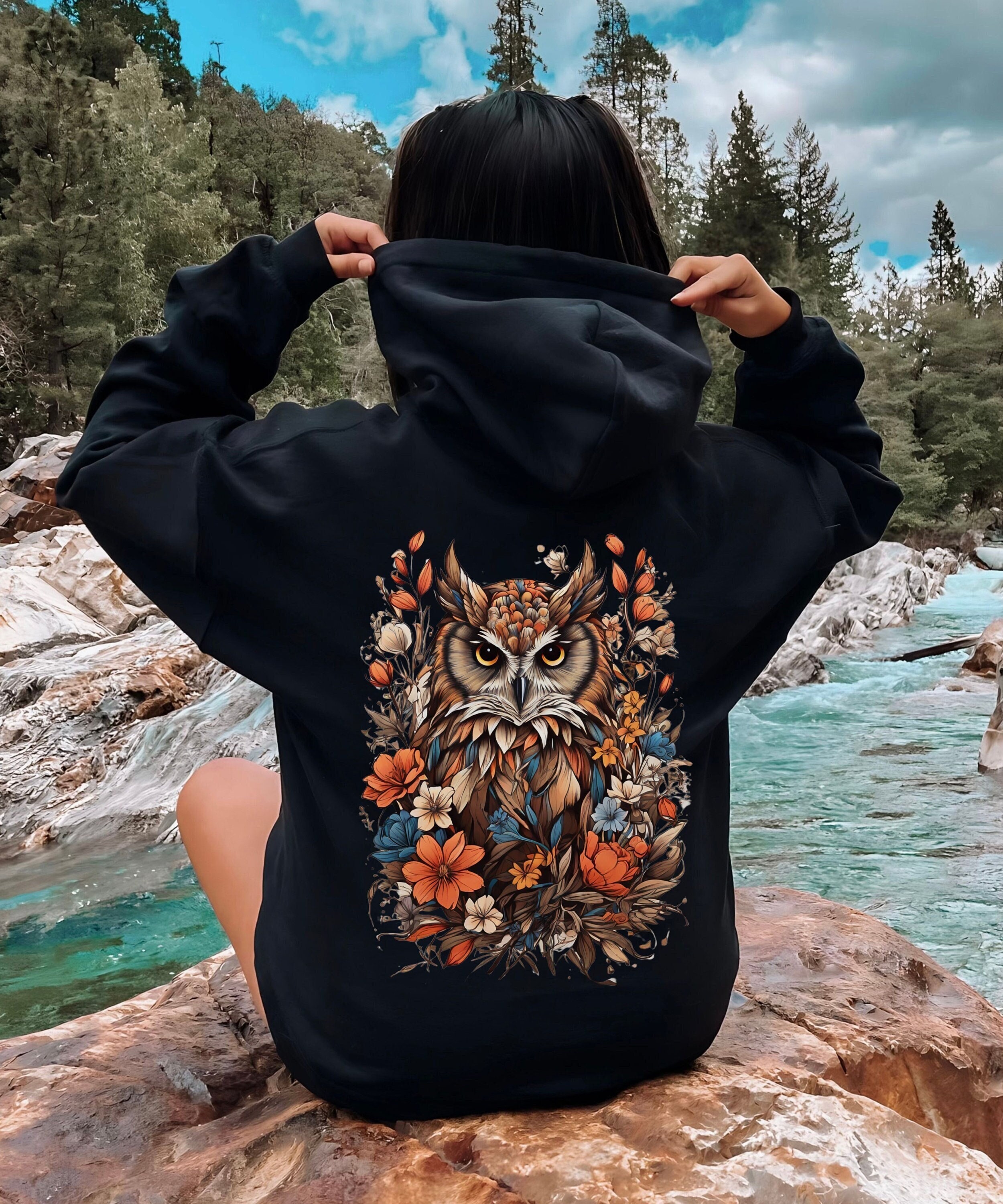WildFlowers and Colorful Owl, Owl Hoodie, Owl Lover Gift, Cottagecore Clothing, Boho Forest Animal, 